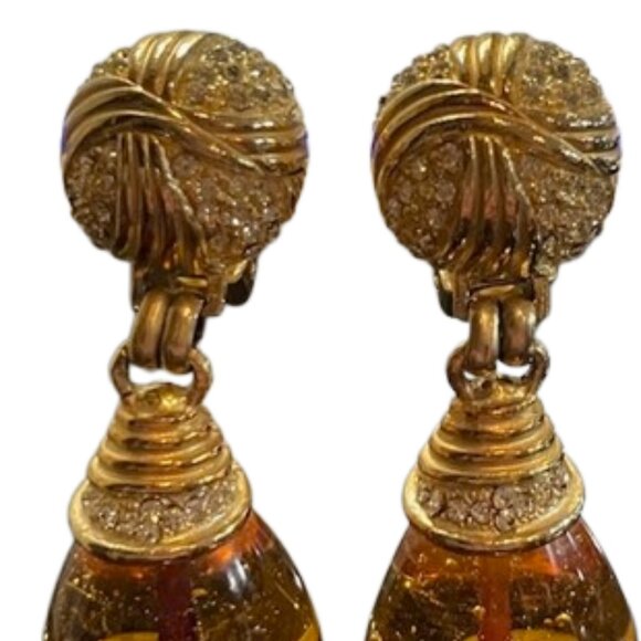 Vintage Roxanne Assoulin Amber Glass & Crystal Dangle Gold Tone Clip Earrings - Picture 3 of 9
